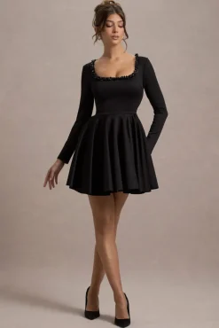 Wilder | Black Square-Neck Long-Sleeve Skater Mini Dress