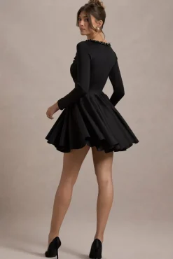 Wilder | Black Square-Neck Long-Sleeve Skater Mini Dress