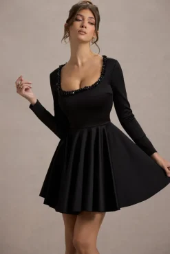 Wilder | Black Square-Neck Long-Sleeve Skater Mini Dress