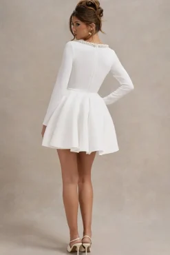 Wilder | White Square-Neck Long-Sleeve Skater Mini Dress