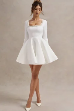 Wilder | White Square-Neck Long-Sleeve Skater Mini Dress