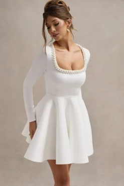 Wilder | White Square-Neck Long-Sleeve Skater Mini Dress