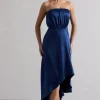 Willa | Navy Satin Bandeau Maxi Dress With Asymmetric Hem