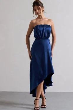 Willa | Navy Satin Bandeau Maxi Dress With Asymmetric Hem