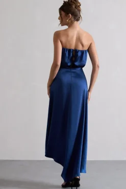 Willa | Navy Satin Bandeau Maxi Dress With Asymmetric Hem