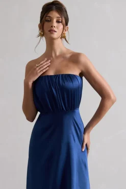 Willa | Navy Satin Bandeau Maxi Dress With Asymmetric Hem