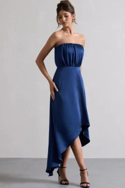 Willa | Navy Satin Bandeau Maxi Dress With Asymmetric Hem