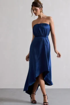 Willa | Navy Satin Bandeau Maxi Dress With Asymmetric Hem