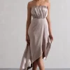 Willa | Taupe Satin Bandeau Maxi Dress With Asymmetric Hem