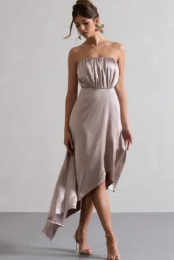 Willa | Taupe Satin Bandeau Maxi Dress With Asymmetric Hem