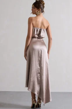 Willa | Taupe Satin Bandeau Maxi Dress With Asymmetric Hem