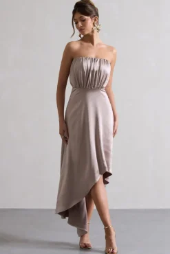 Willa | Taupe Satin Bandeau Maxi Dress With Asymmetric Hem