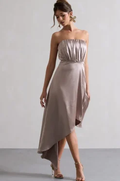 Willa | Taupe Satin Bandeau Maxi Dress With Asymmetric Hem