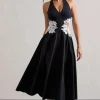 Windermere | Black Plunge Midi Dress With Floral Cut-Out
