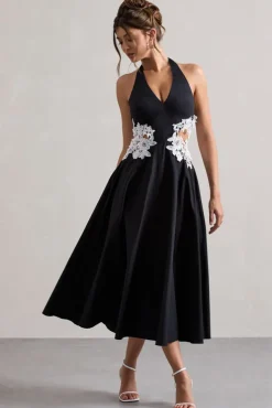Windermere | Black Plunge Midi Dress With Floral Cut-Out