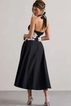 Windermere | Black Plunge Midi Dress With Floral Cut-Out