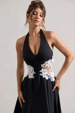 Windermere | Black Plunge Midi Dress With Floral Cut-Out
