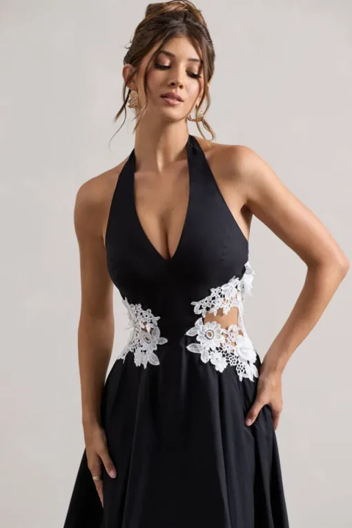 Windermere | Black Plunge Midi Dress With Floral Cut-Out