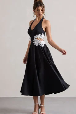 Windermere | Black Plunge Midi Dress With Floral Cut-Out