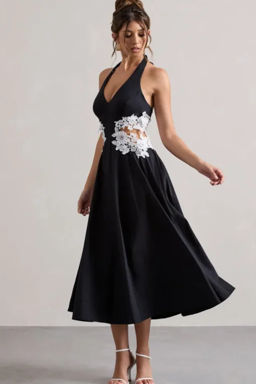 Windermere | Black Plunge Midi Dress With Floral Cut-Out