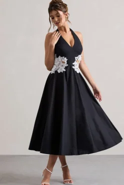 Windermere | Black Plunge Midi Dress With Floral Cut-Out