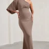 Wisdom | Mocha Ruched Asymmetric One-Shoulder Maternity Maxi Dress