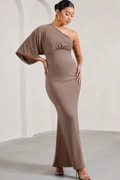 Wisdom | Mocha Ruched Asymmetric One-Shoulder Maternity Maxi Dress