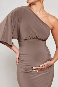 Wisdom | Mocha Ruched Asymmetric One-Shoulder Maternity Maxi Dress