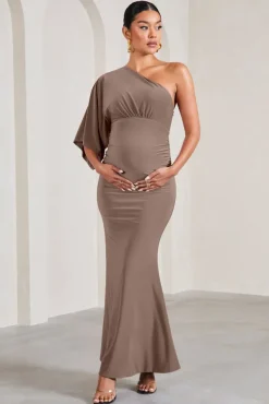 Wisdom | Mocha Ruched Asymmetric One-Shoulder Maternity Maxi Dress