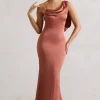 Wistful | Rust Satin Asymmetric Cowl-Neck Maxi Dress