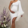 With A Flourish | White Asymmetric One-Sleeved Maternity Maxi Dress With Feathers