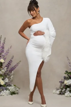 With A Flourish | White Asymmetric One-Sleeved Maternity Maxi Dress With Feathers