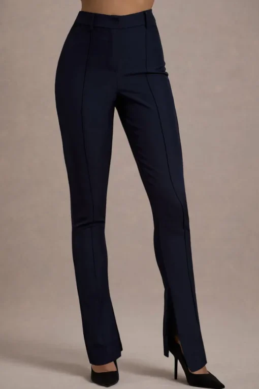Wonder Woman | Navy High Waist Straight Leg Trousers With Hem Split