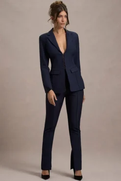 Wonder Woman | Navy High Waist Straight Leg Trousers With Hem Split