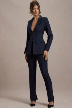 Wonder Woman | Navy High Waist Straight Leg Trousers With Hem Split