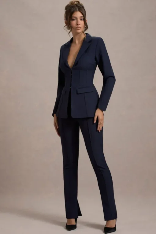 Wonder Woman | Navy High Waist Straight Leg Trousers With Hem Split