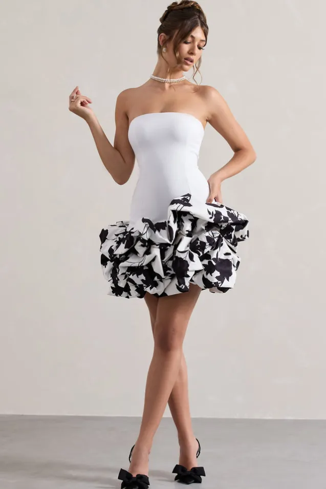 Work Of Art | Cream Floral Print Strapless Ruffle Mini Dress