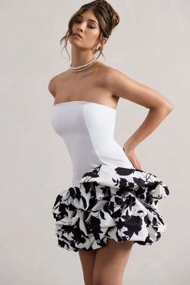 Work Of Art | Cream Floral Print Strapless Ruffle Mini Dress