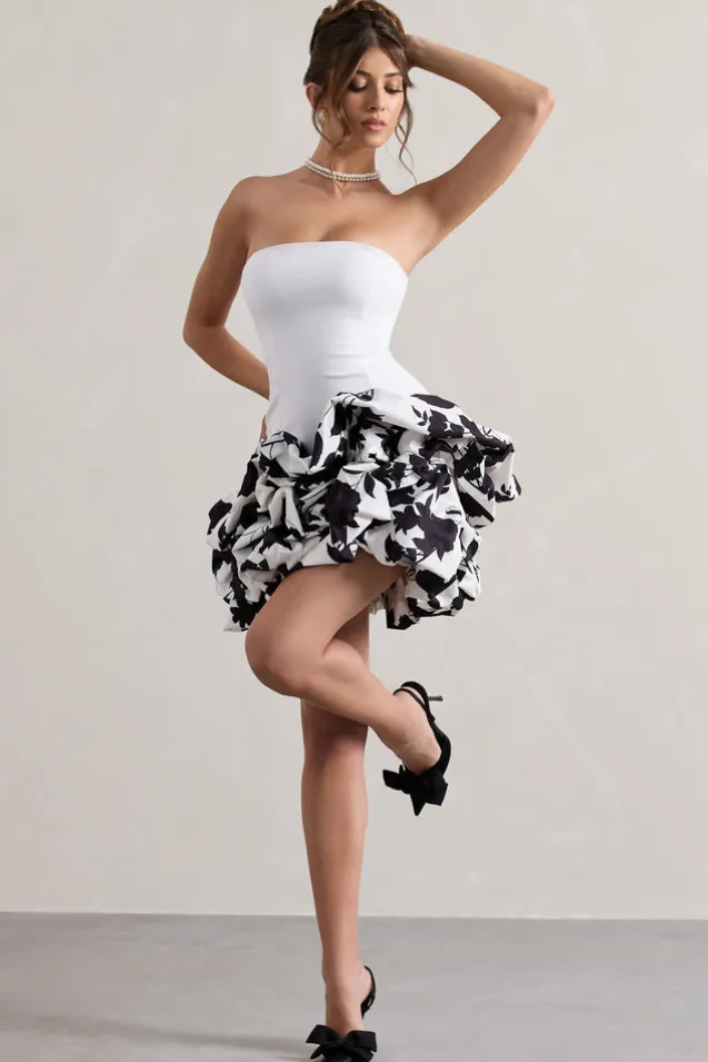 Work Of Art | Cream Floral Print Strapless Ruffle Mini Dress