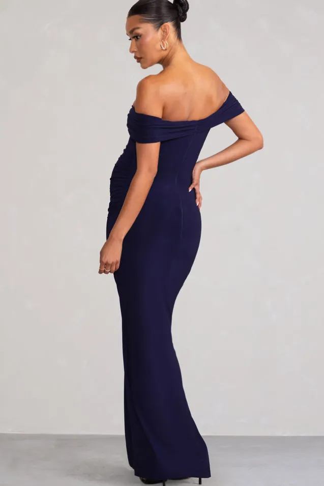 Worth The Wait | Navy Maternity Ruched Bardot Split Hem Maxi Dress
