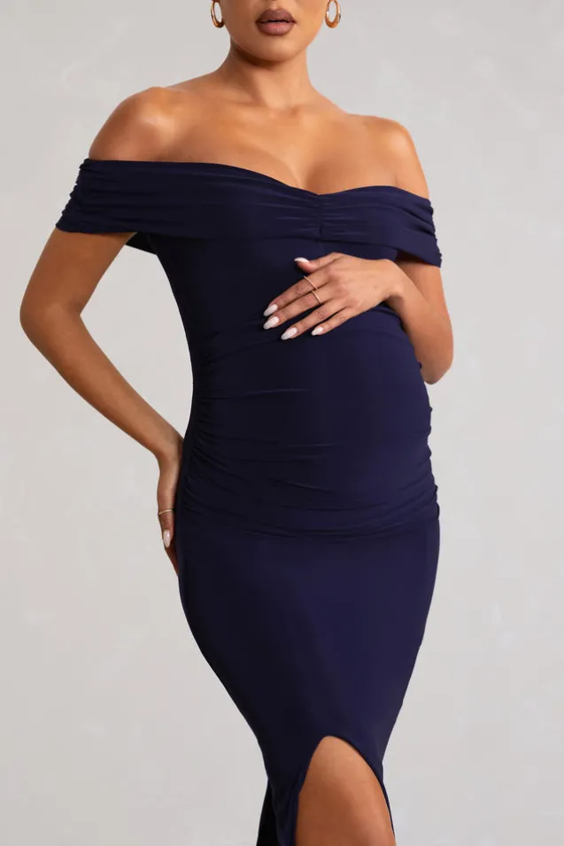 Worth The Wait | Navy Maternity Ruched Bardot Split Hem Maxi Dress