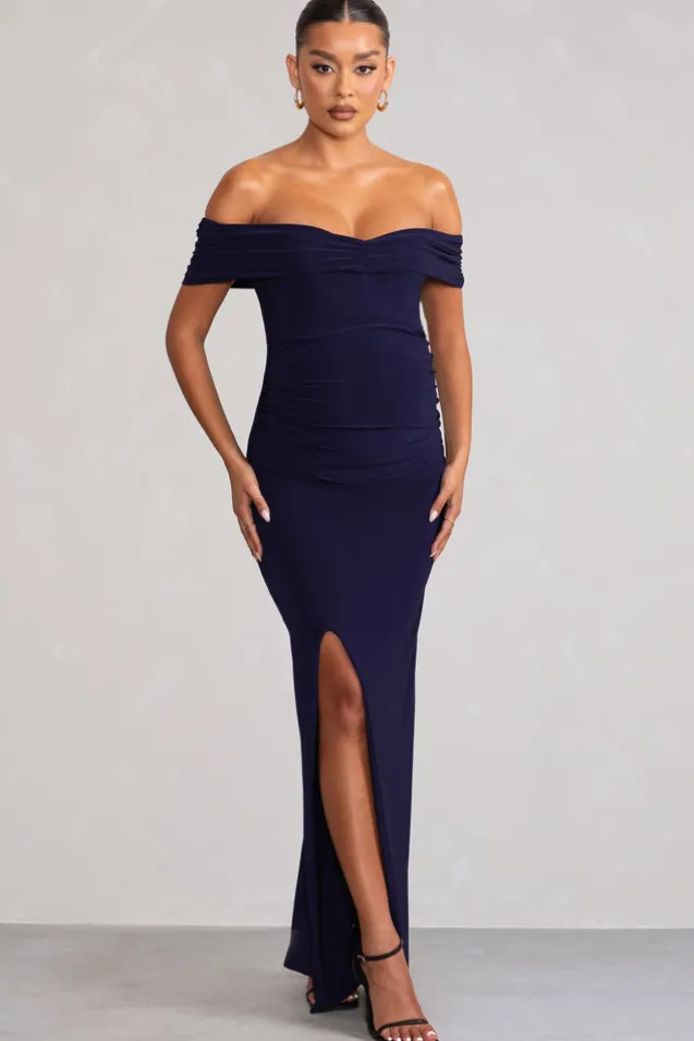 Worth The Wait | Navy Maternity Ruched Bardot Split Hem Maxi Dress