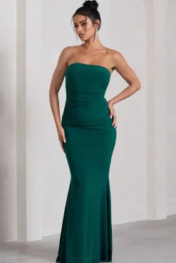 Wren | Bottle Green Ruched Bandeau Maxi Dress