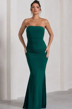 Wren | Bottle Green Ruched Bandeau Maxi Dress
