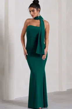 Wren | Bottle Green Ruched Bandeau Maxi Dress