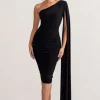 Yara | Black One Shoulder Cape Ruched Midi Dress