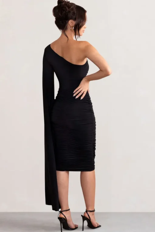 Yara | Black One Shoulder Cape Ruched Midi Dress