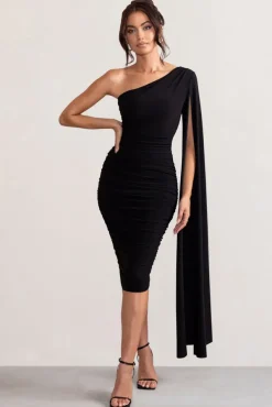 Yara | Black One Shoulder Cape Ruched Midi Dress
