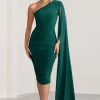 Yara | Bottle Green One Shoulder Cape Ruched Midi Dress
