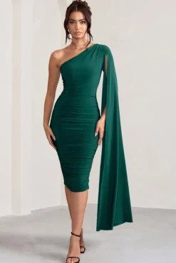 Yara | Bottle Green One Shoulder Cape Ruched Midi Dress